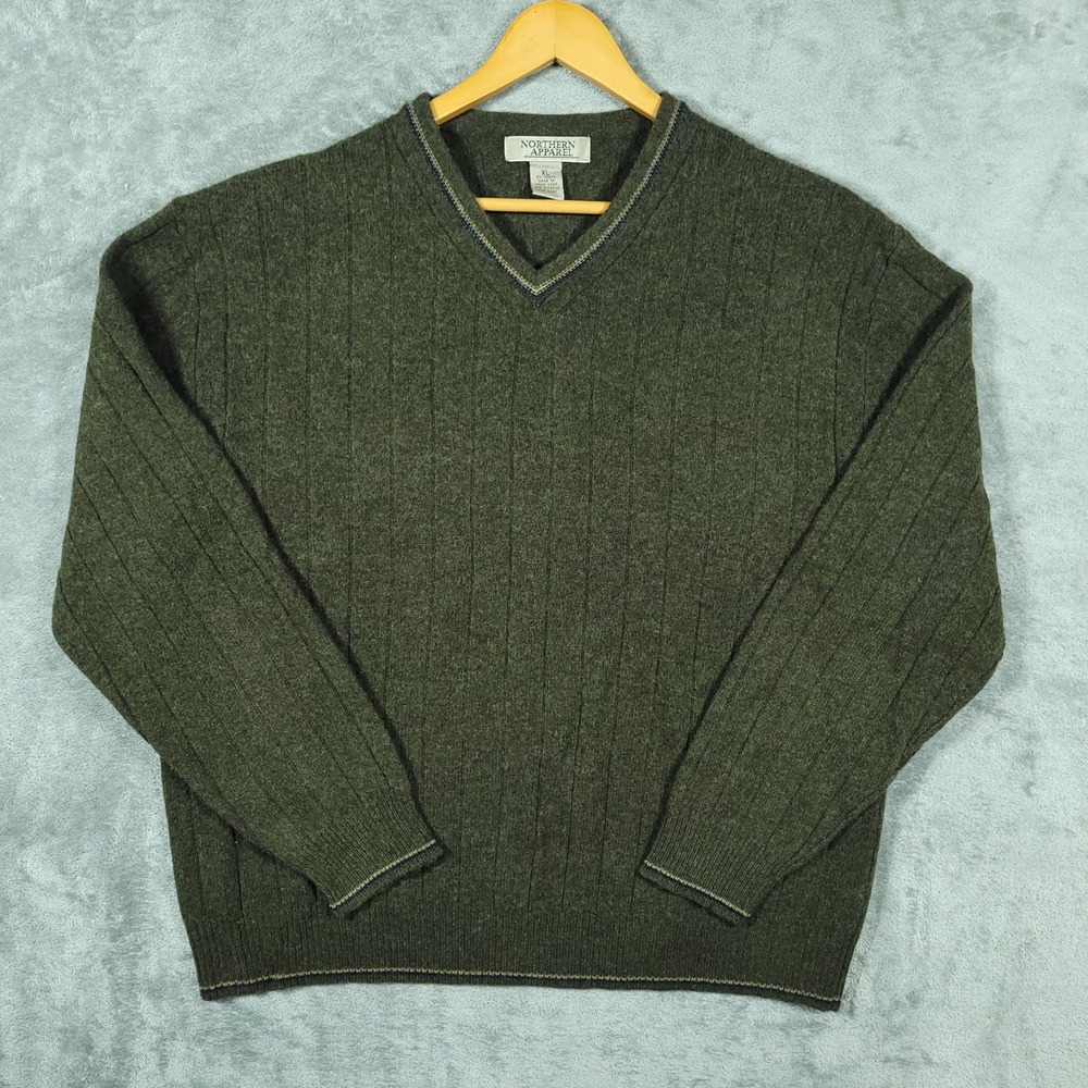 Vintage Northern Apparel Sweater Mens XL Green Lambswool V-Neck Pullover Knit